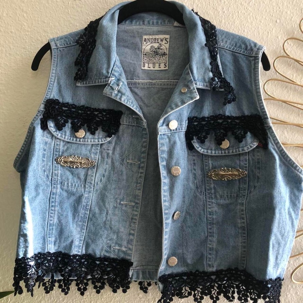 Whimsygoth blue black denim vest jacket shirt top lace trim grunge goth Vintage